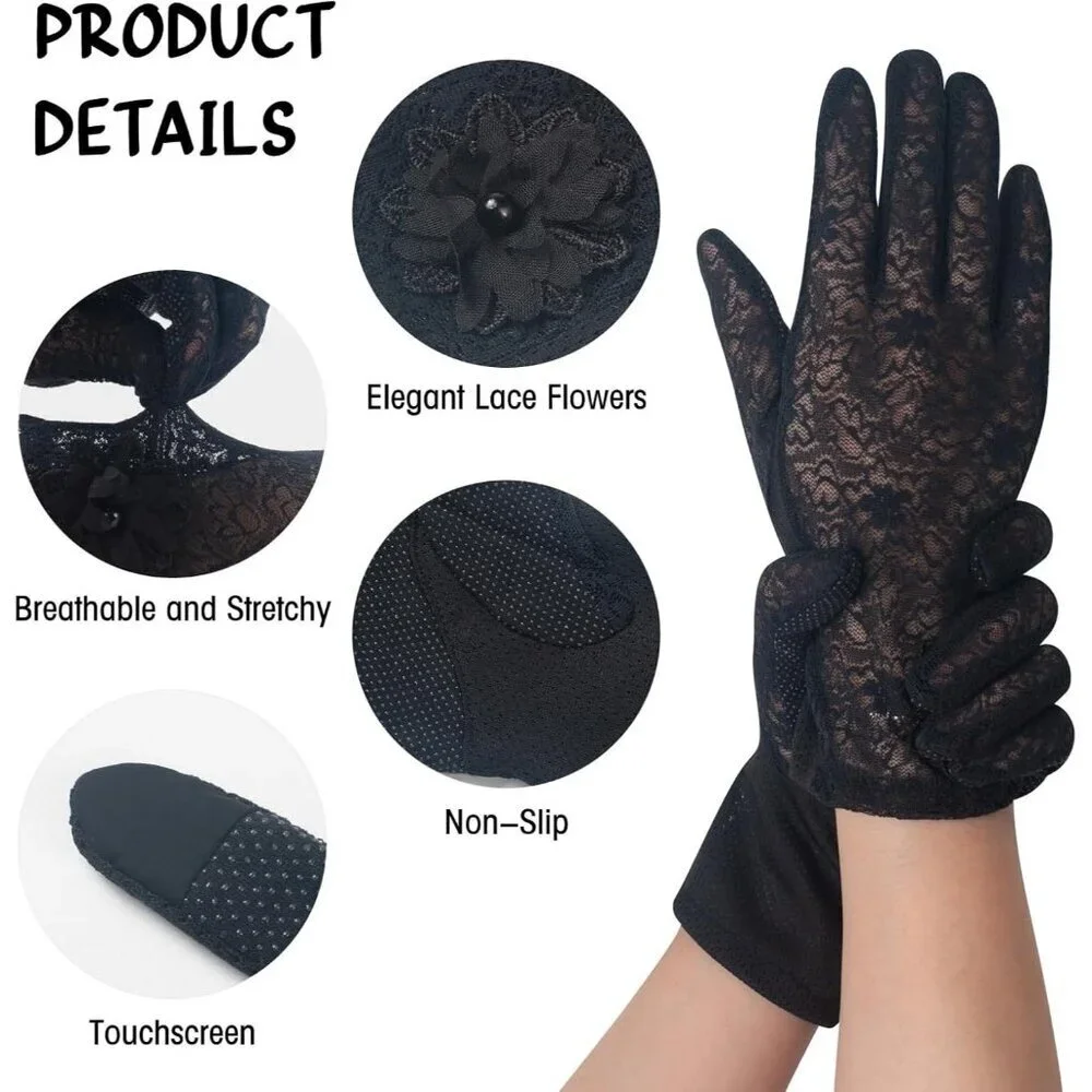 Women's Floral Black Short Lace Gloves Wedding Halloween Cosplay Party Prom